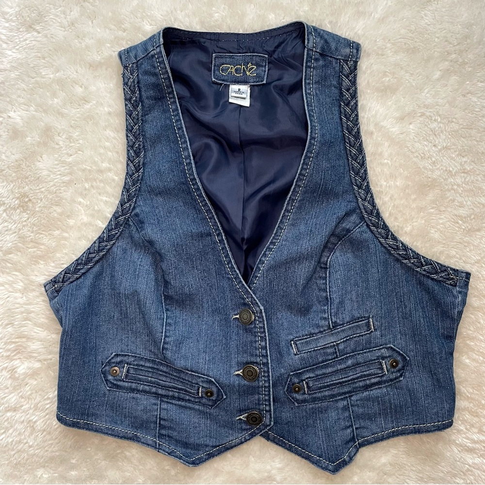 Caché dark denim crop vest with braided accents